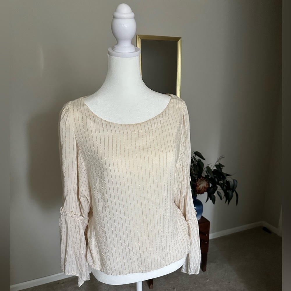 Anthropologie Floreat White Gold Stripe Flare Sleeve Button Back Top